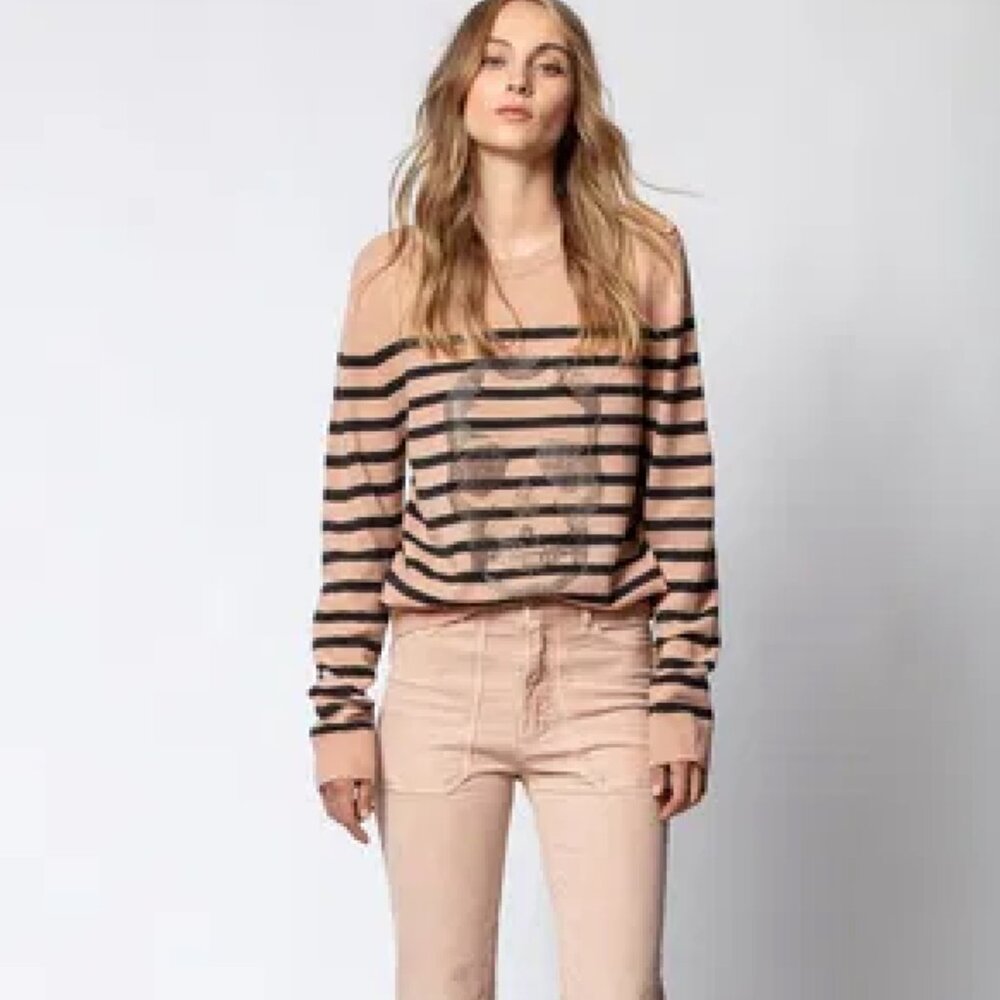 Zadig & Voltaire Jeremia MW Punk Sweater Pink Navy Embellished Skull SZ S